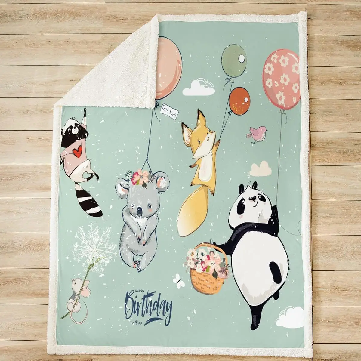 Cute Animals Blankets Happy Birthday Theme Throw Blanket Cartoon Panda Fox Koala Fleece Blanket for Kids Girls Boys Room