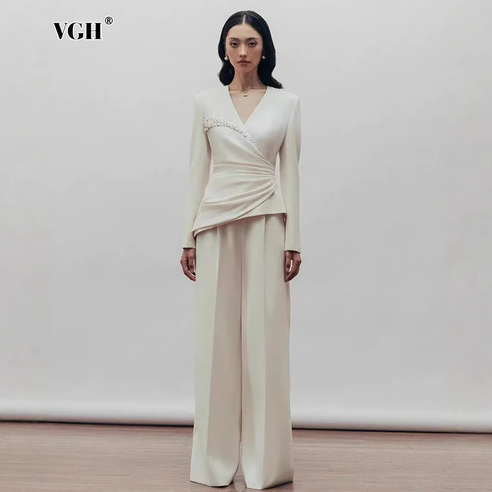 VGH Temperament Pants Suits For Women V Neck Long Sleeve Spliced Diamonds Folds Tops High Waist Wide Leg Pant Solid Set Female