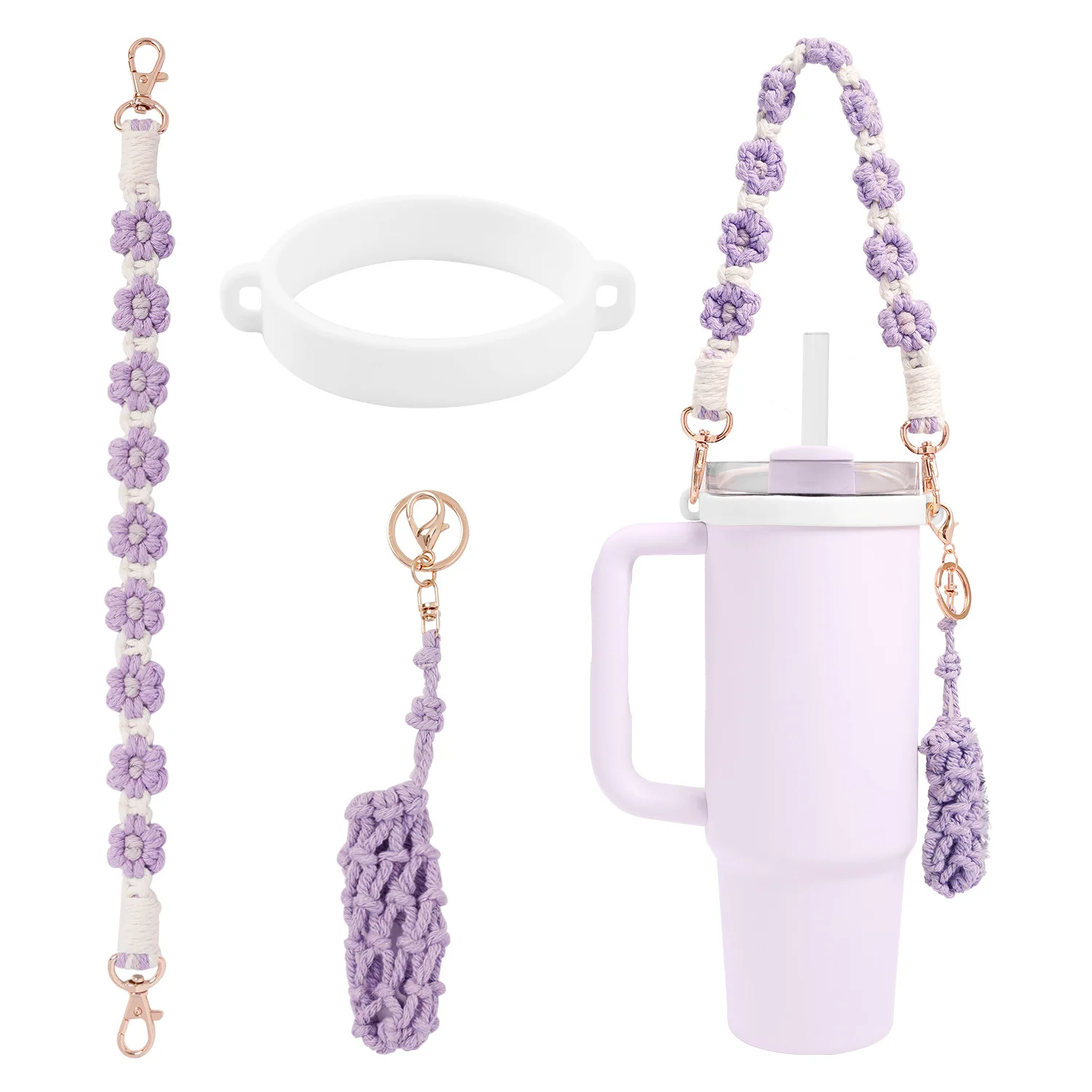 

Wholesale Fashion Small Daisy Flower Water Cup Rope Food Grade Silicone Ring Portable Cup Strap Water Bottle Set for Gift