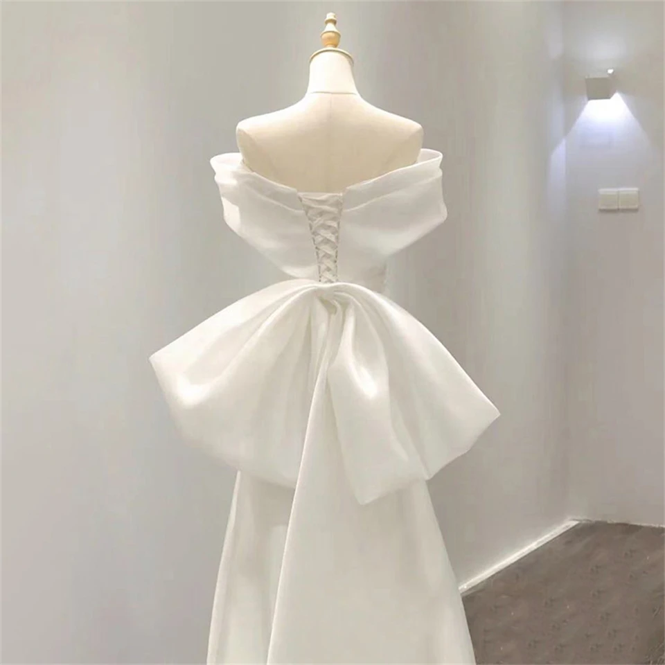 Vestido de novia de satén con lazo para mujer, traje sencillo de corte en A con cuello barco y hombros descubiertos, 2024