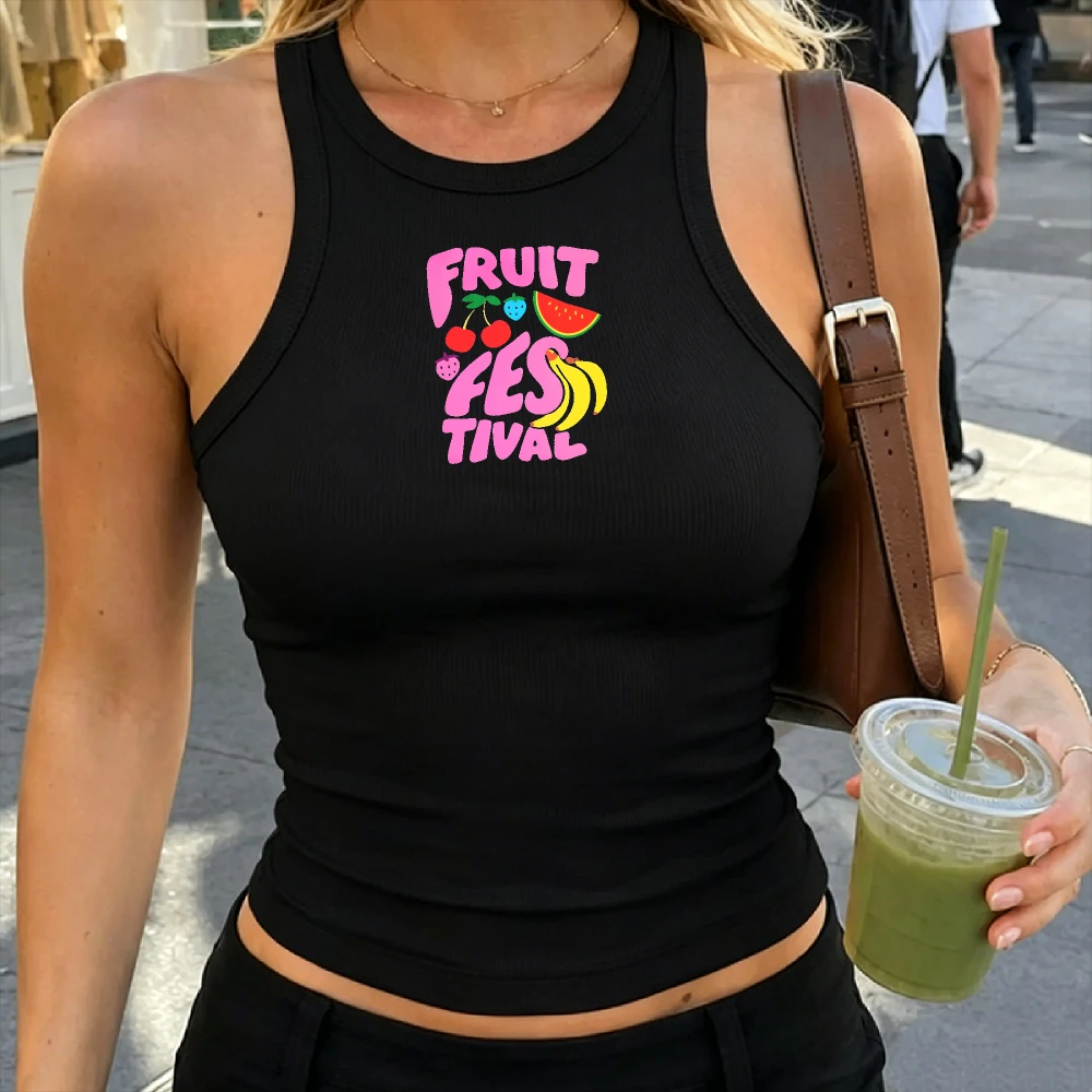 Summer Tropical Harajuku Women Ribbed Crop Tank Bold Pink Bubble Text Fruit Festival Mixed Fresh Fruit Print Beach Vacation Vest
