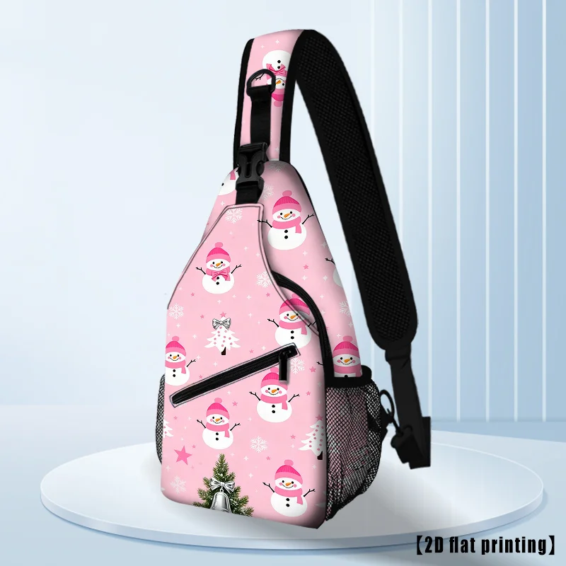 Cute Pink Christmas Hiking Crossbody Bag with Snowman & Reindeer Print, Adjustable Strap Chest Backpack - Lightweight Zipper