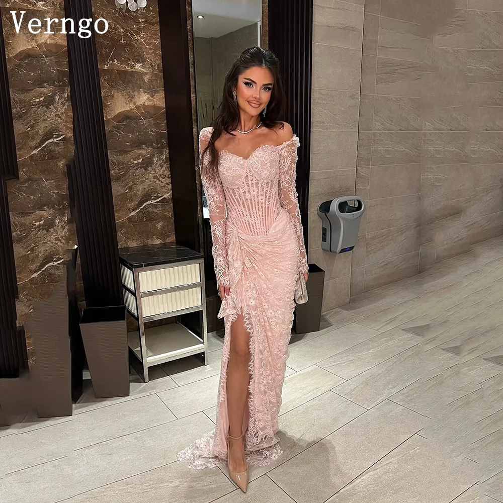 

Verngo Blush Pink Lace Evening Dress Sweetheart Full Sleeves Mermaid Prom Gowns Side Slit Saudi Arabia Prom Gown Customized