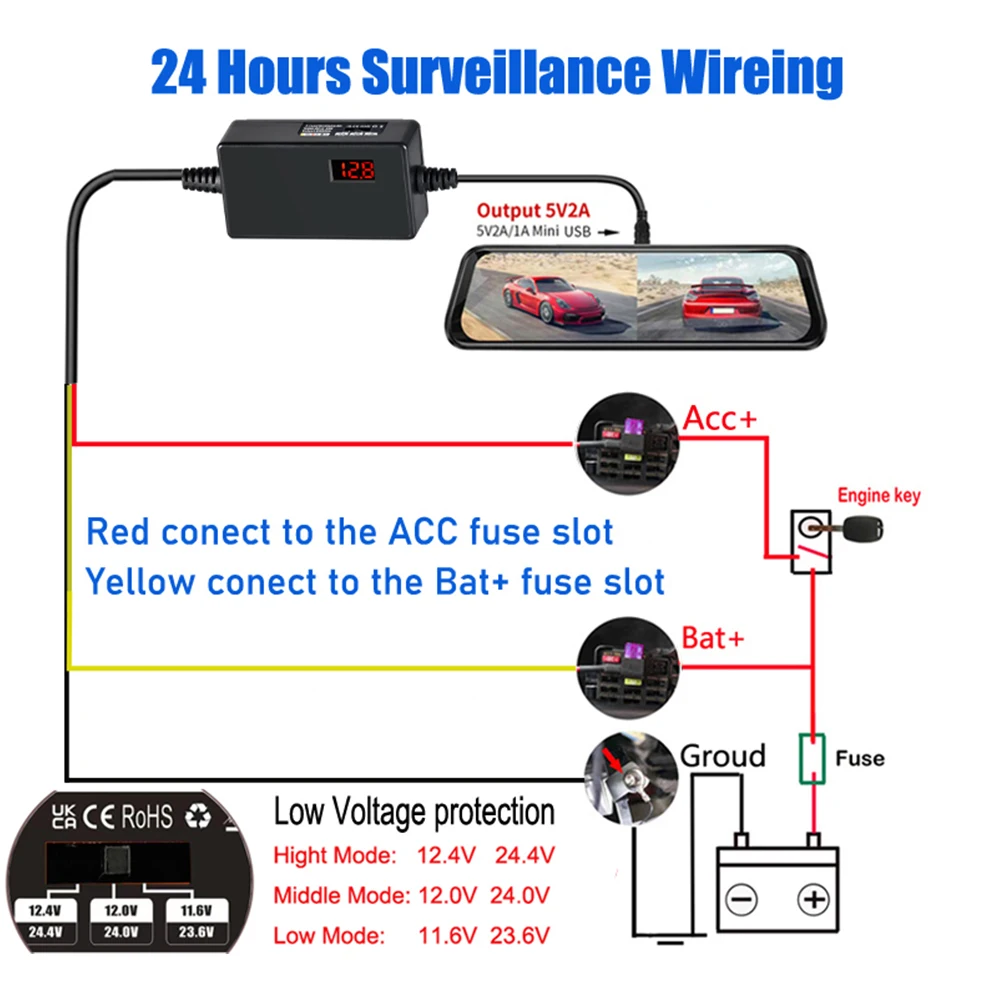 HGDO MINI USB TYPE-C 12V 24V do 5V Kamera samochodowa z wyświetlaczem Ochrona przed niskim napięciem 24H Monitor parkowania Kabel Kamera samochodowa — zdjęcie 4