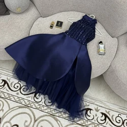 Elegant Navy Blue Evening Dresses High Neck Sleeveless Prom Gowns Beadings Sequined Tea Length A-Line Party Dress فساتين السهرة