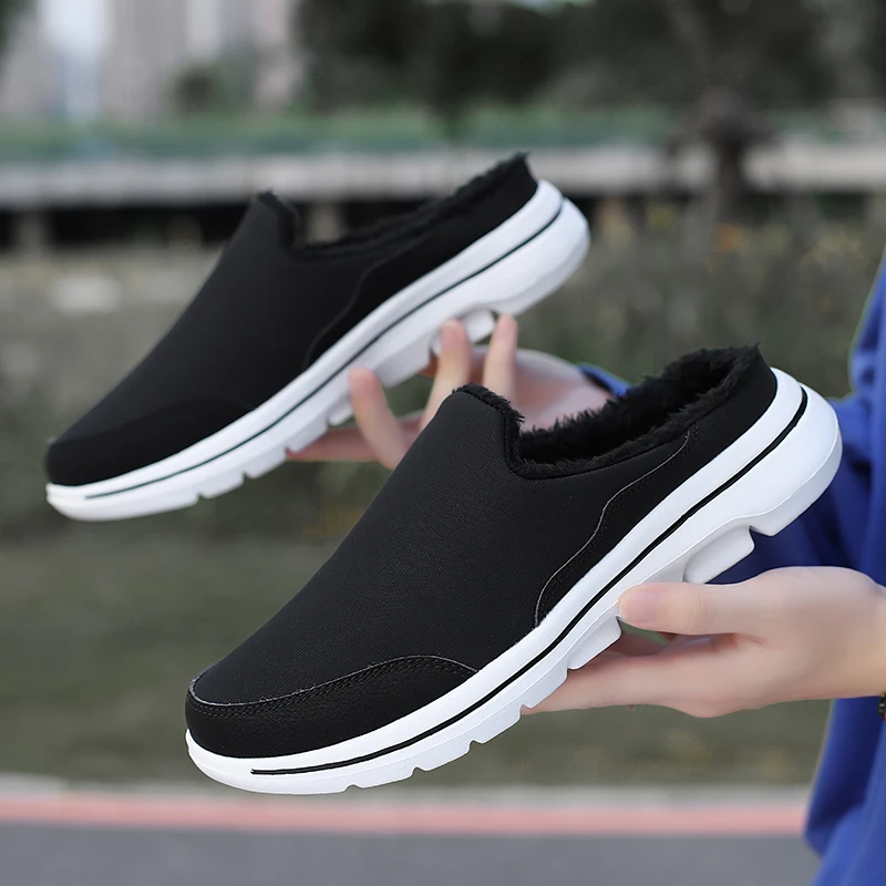 Winter Men Cotton Casual Shoes Comfortable Warm Mens Home Slippers Half Loafers Snow Shoes with Fur Slip-on Light Flat Shoes