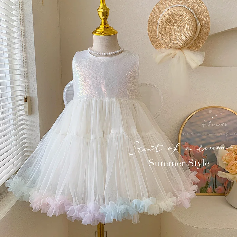 2024Summer New Girls Small and Older Children Sequined Sleeveless Butterfly Wings Puffy Fairy Color Gauze Dress Princess Style B