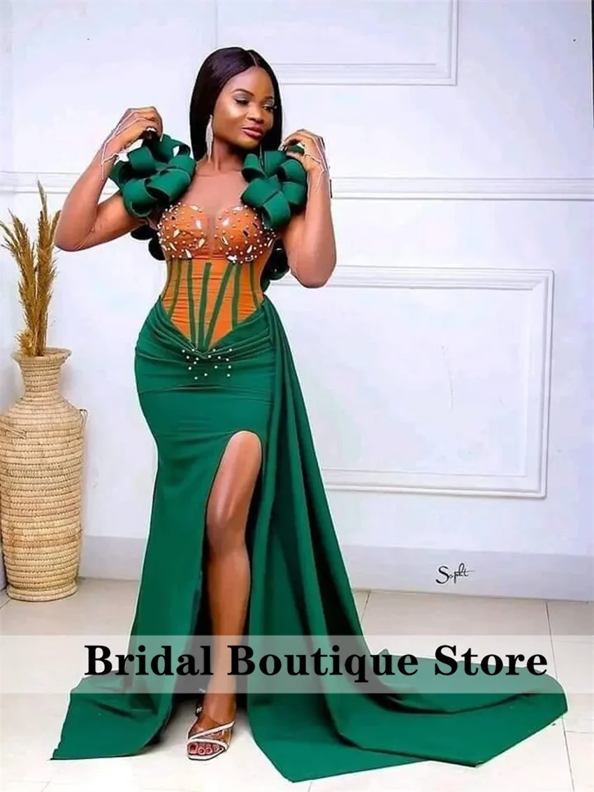 

2024 Green Formal Evening Dresses O-Neck Mesh Sleeves Satin Beads Crystals Elegant Birthday Party Prom Gowns Customized