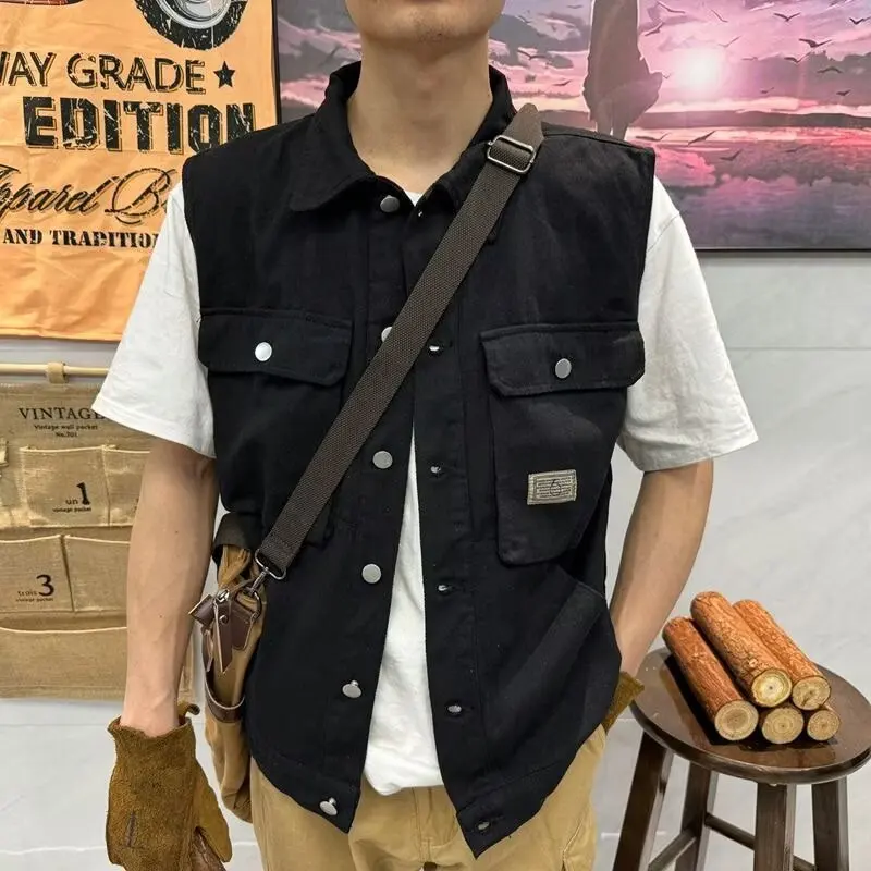 Men Lapel Multi Pocket Cargo Vest Button Front Sleeveless Workwear Waistcoat Loose Fit Outer Layer for Daily Streetwear