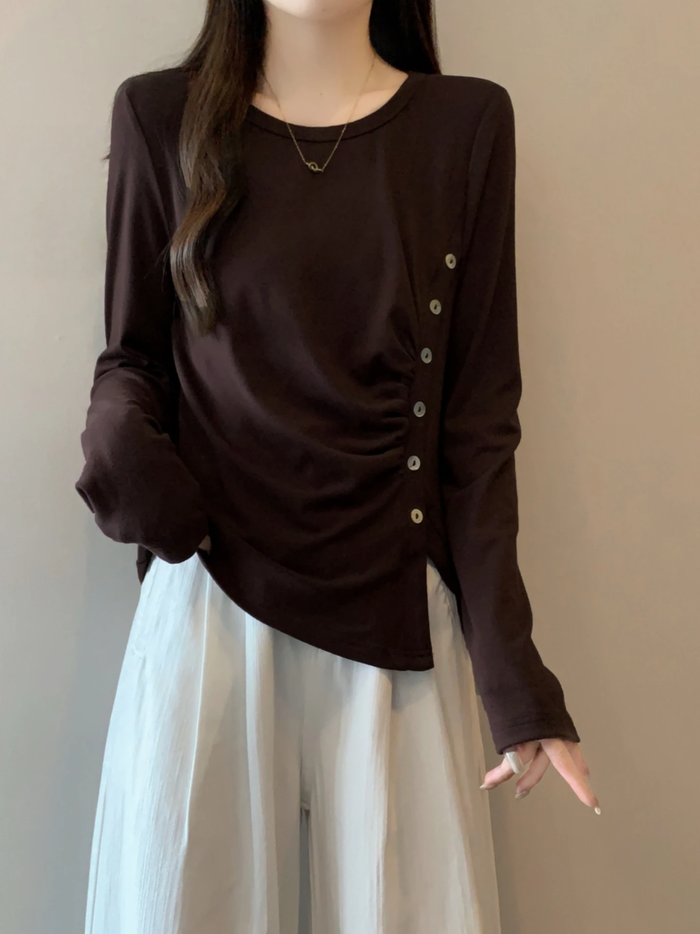 Slim Fit Long Sleeve T-Shirt Women's Short Style Asymmetrical Design Spring Autumn plus Size Fat MM Visual Slimming Effect Sp...