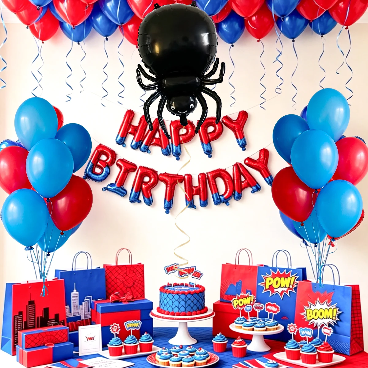 24-teiliges Spider-Geburtstags-Ballonset, Happy Birthday Banner im Helden-Thema, schwarze Spider-Ballons, rote und blaue Latexballons