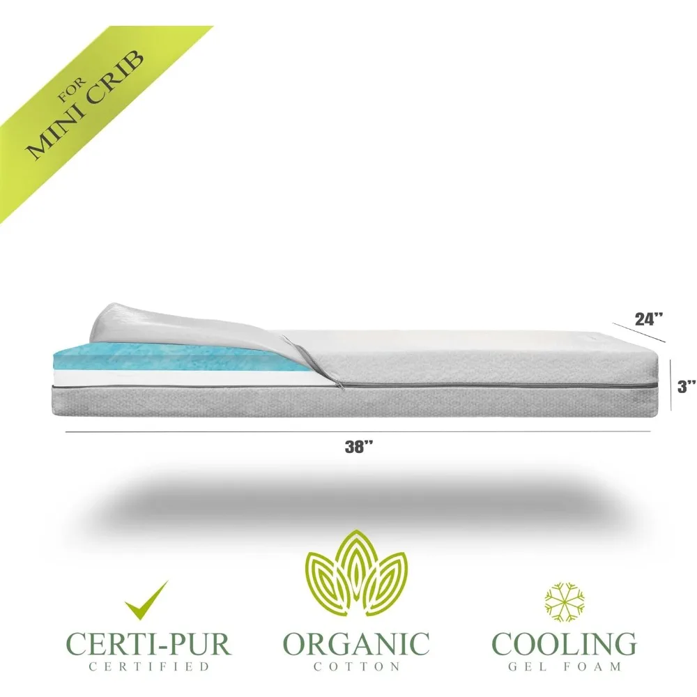 Organic Cotton Dual-Sided Mini Crib Mattress,Premium Memory Foam-US  Baby Mattress Firm Support for Infant Cooling Gel