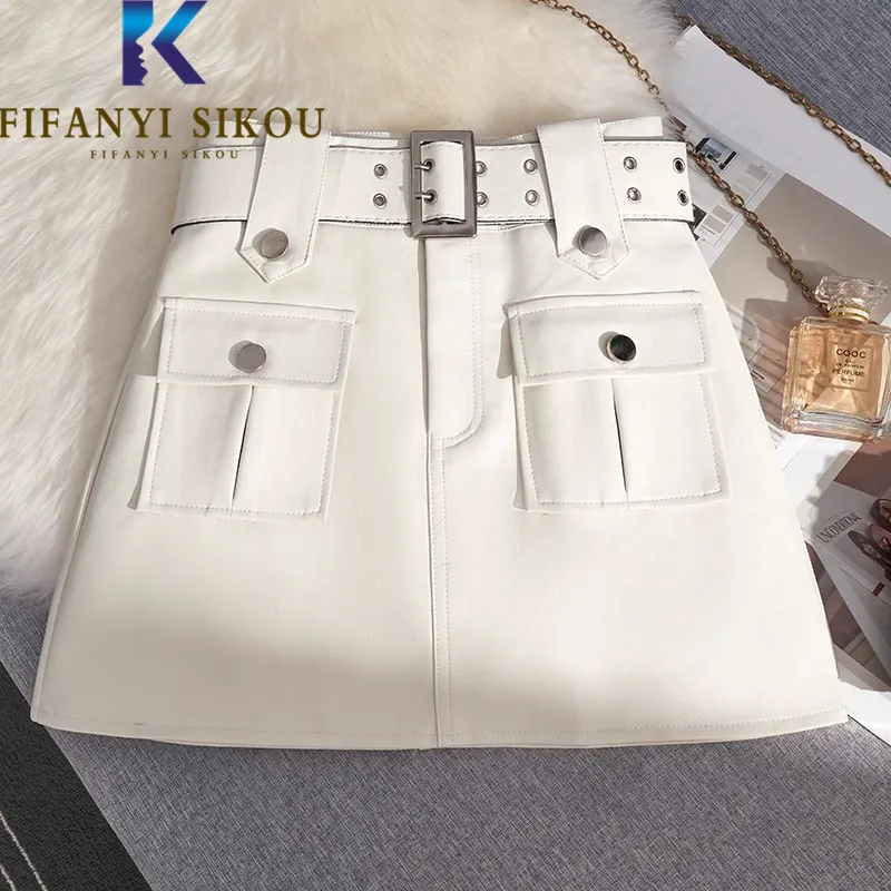 

White PU Leather Skirt Women Double Pocket Fashion Belt High Waist Mini Skirt Autumn Winter Loose A-Line Short Skirts Female