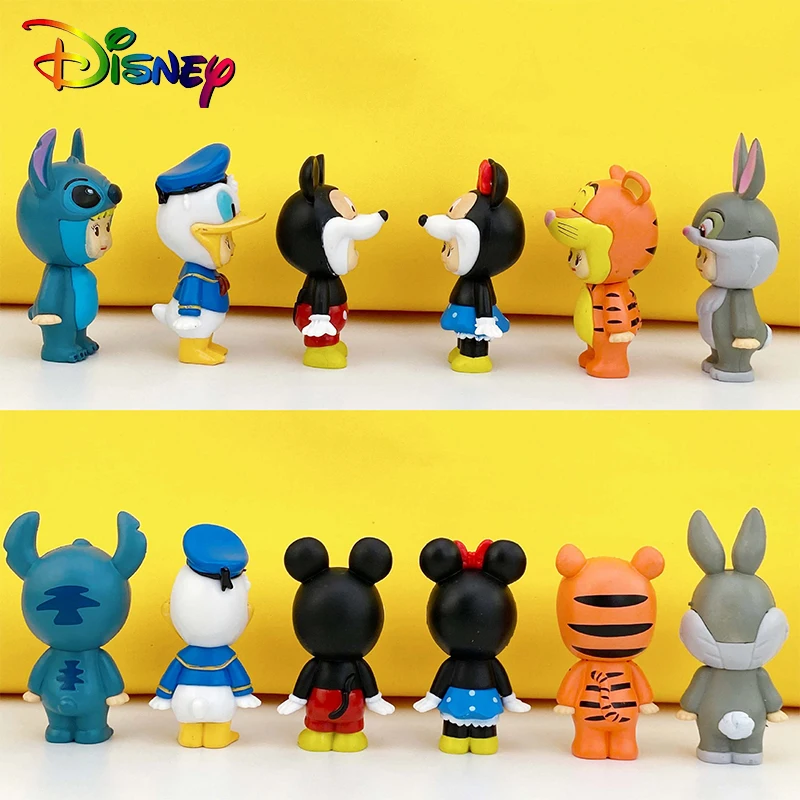 Disney-Anime Stitch Action Figure Set para Crianças, Mickey Mouse, Minnie, Tigre, Pato Donald, Modelo Animal, Enfeites para Bolo, Presente, 6 peças