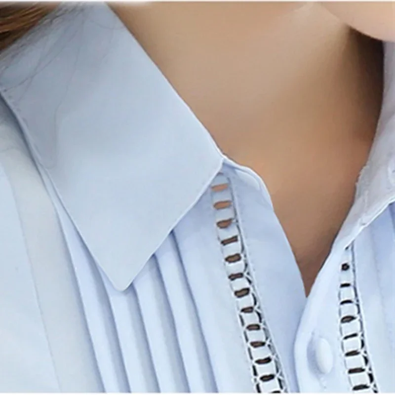 2023 Korean Fashion Turn-down Short Sleeve Slim Women Shirt OL Blusas Blouse Office Ladies Blue White Work Wear Tops S-XXL