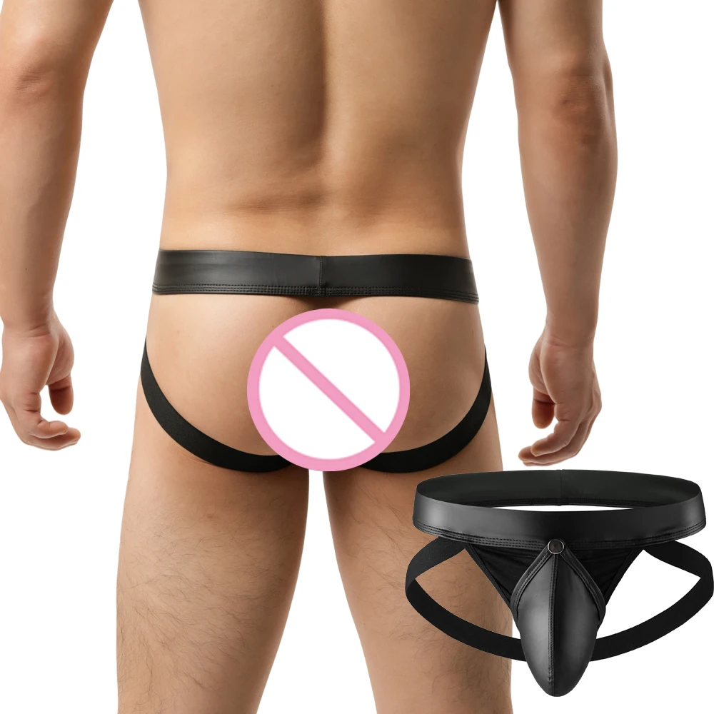 1pcs Men's Sexy Faux Leather G-Strings Detachable Button Open Bulge Pouch Sexy Backless Thongs Jockstrap Fetish Gay Underwear