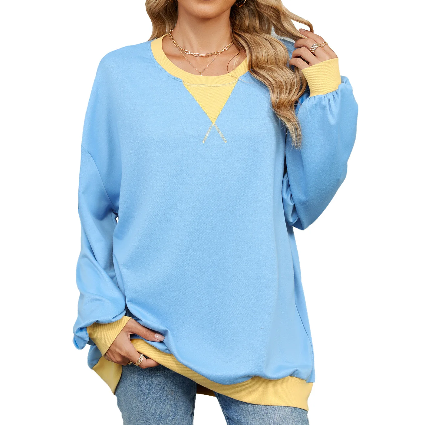 Autumn and Winter Round Neck Cross Colorblocking Long Sleeve Casual Sweatshirt Top Hoodies Women Overzise