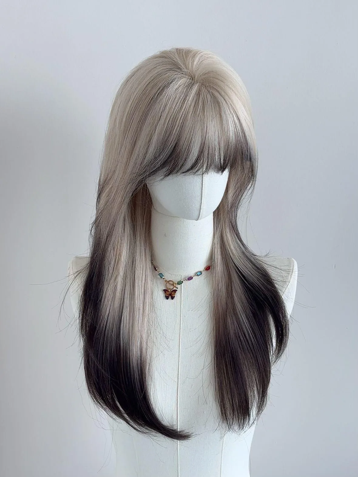 Synthetic Long Straight Ombre Golden Black Wig with Bangs Fluffy Women Lolita Cosplay Heat Resistant Wig for Daily Party