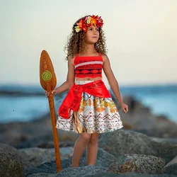 Young Girls Moana Red Fashion Costume Kids Vintage Red Party Dress Girl Fluffy Ocean Adventure Dresses Children Casual Clothes