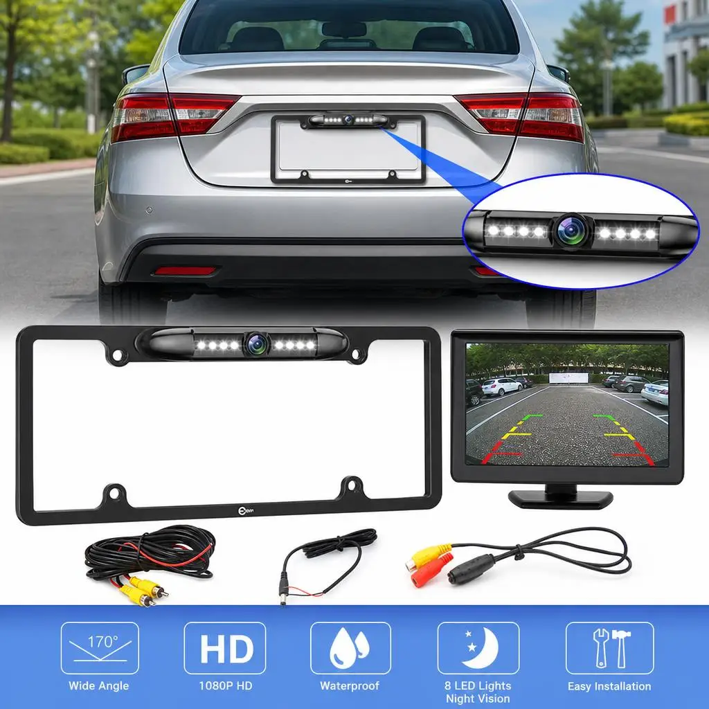 Universal 170° Viewing Universal US License Plate Frame Backup Camera Waterproof 8 LED Night Vision HD Wide Angle License Plate Rear View