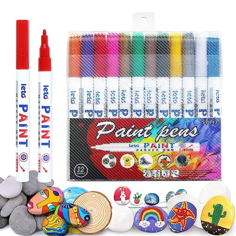 12PCS Waterproof Car Wheel Tire Oily Mark Pen Auto Rubber Tyre Colorful Permanent Painting Pen Graffiti Touch Up Paint Mark Pen