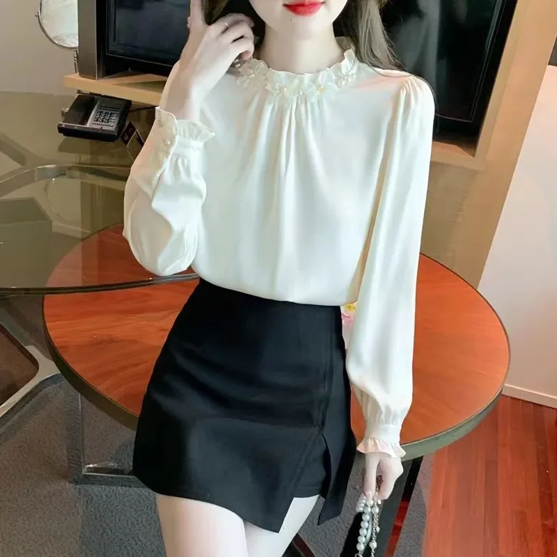 

Women's French Style Ruffle Collar Chiffon Blouse Fall Long Sleeve Elegant Casual Office Top