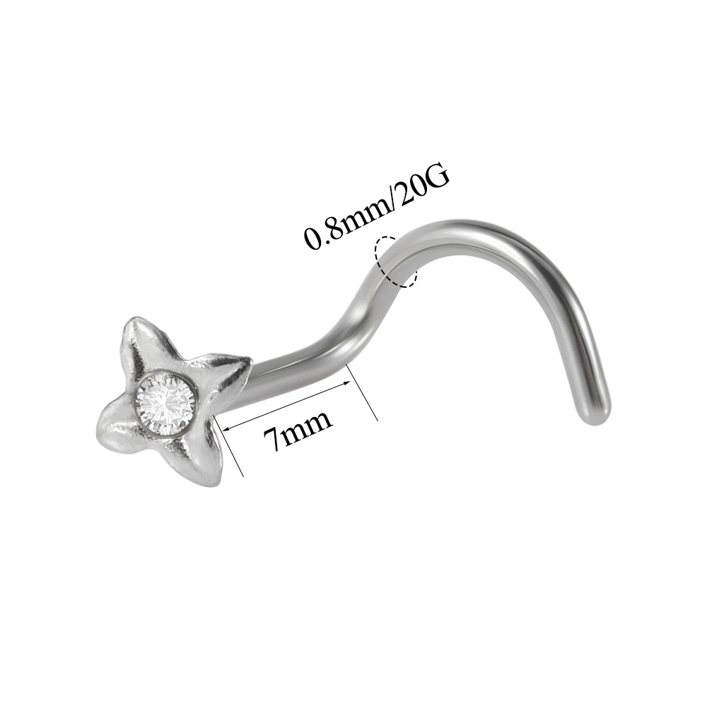1PC Surgical Steel Twisted Nose Studs Hooks Crystal CZ Irregular Nose Bone Studs Screw Ring Nostril Body Piercing Jewelry 20G