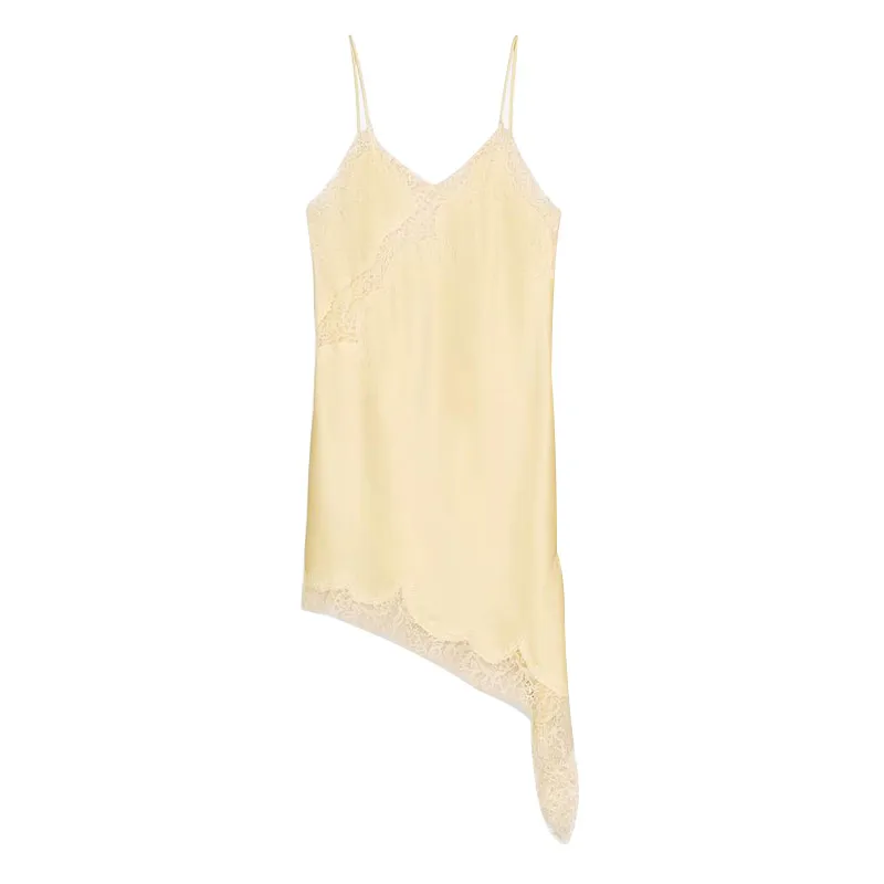 Sexy Lace Spliced Short Sling Dress Women Asymmetric V-neck Sleeveless Backless Satin Party Dresses 2025 Summer Lady Chic Robes