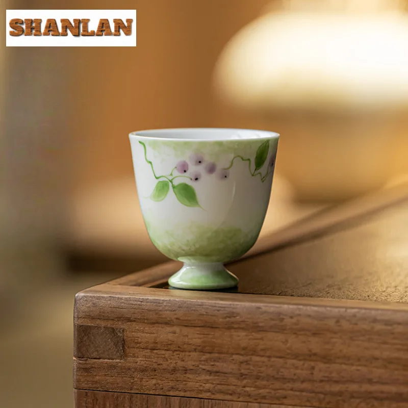 

2pc/lot 35ml Hand-painted Grape High Foot Teacup Zen Tea Bowl Jug Tea-tasting Meditation Cup Jianzhan Master Cups Teaset Craft
