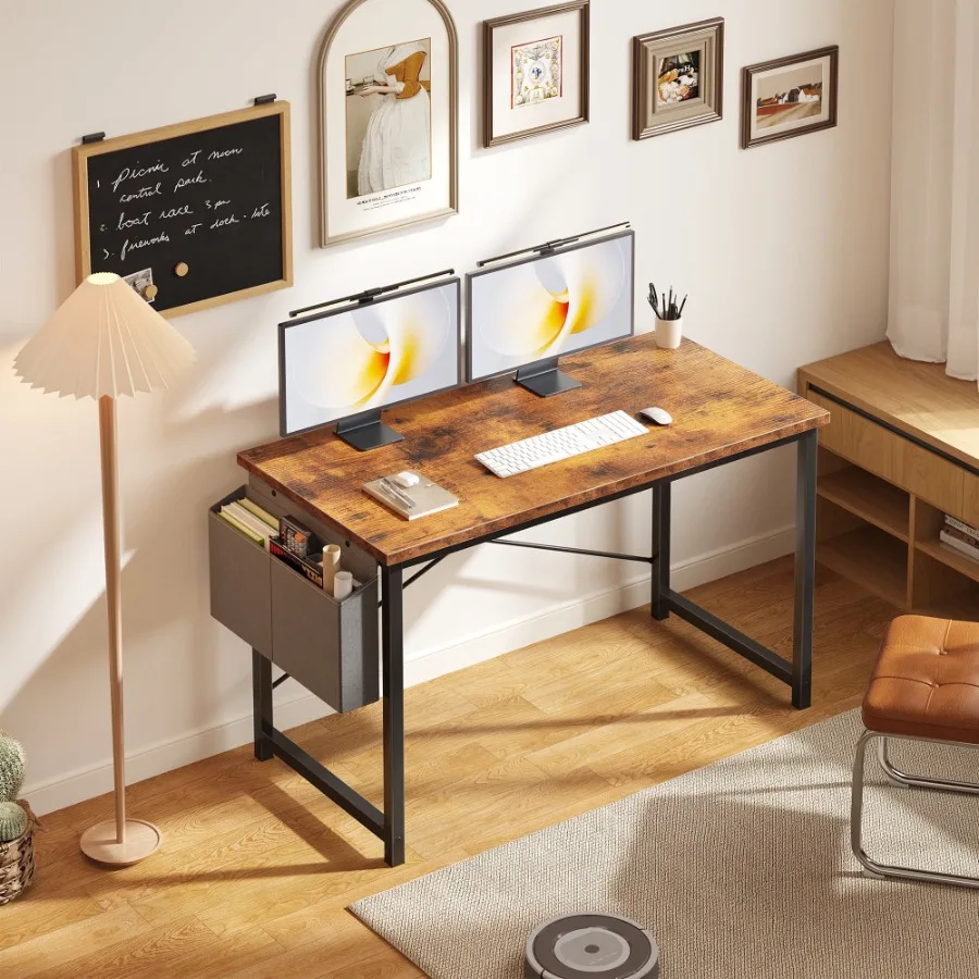 47" Computer Desk with Metal Frame Waterproof Surface and Storage Bag Perfect for Office Use Rust Brown