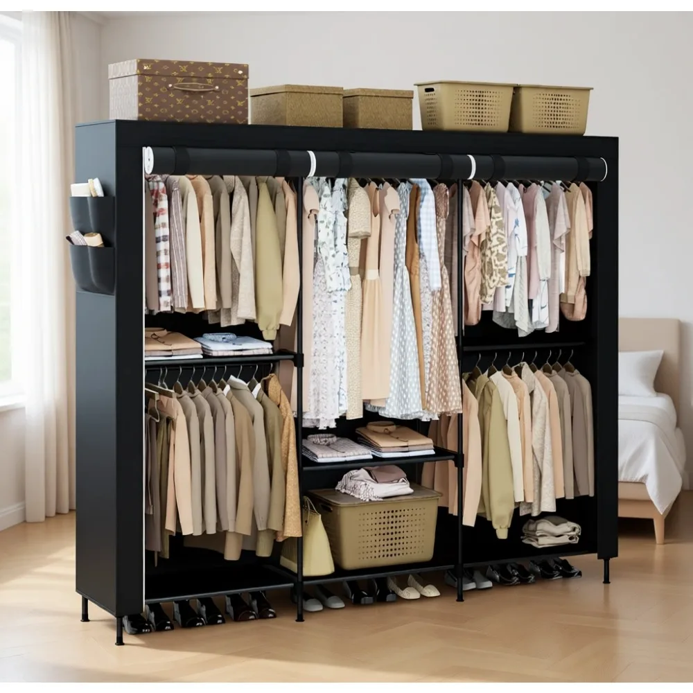 

Очень большой переносной шкаф-гардероб с полками и 5 штангами для вешалок, простая сборка, черный цвет