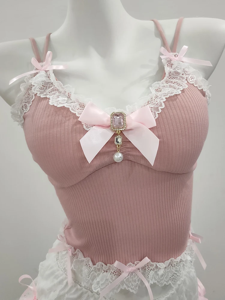 

Милый укороченный топ, женский кружевной топ с укороченной отделкой и бантами, украшение с подвеской, короткие майки для милых девочек, одежда в стиле Лолиты в стиле каваи