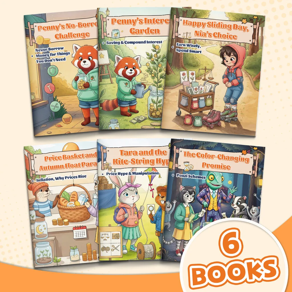 

Серия иллюстрированных книг по финансовой грамотности для детей — научитесь умным образом управлять деньгами через увлекательные истории о сбережениях, расходах и инфляции.
