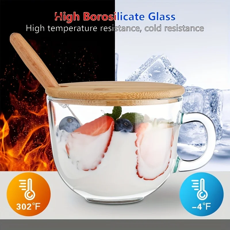 KEMORELA Overnight Oats Cup with Lid and Spoon 400ML Glass Coffee Mug Breakfast Oatmeal Cup Clear Glass Mug For Milk Oatmeal