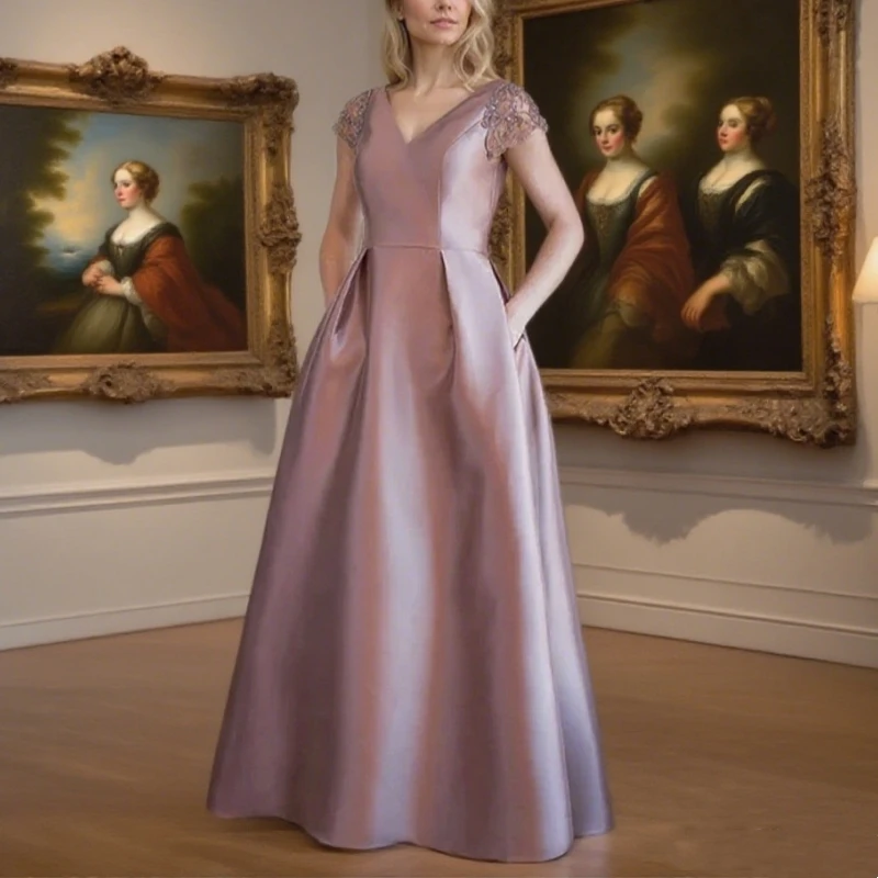 

Satin Elegant Mother of the Bride Dresses A-Line V-Neck Wedding Guest Dress Beading Party Evening Gowns Customized