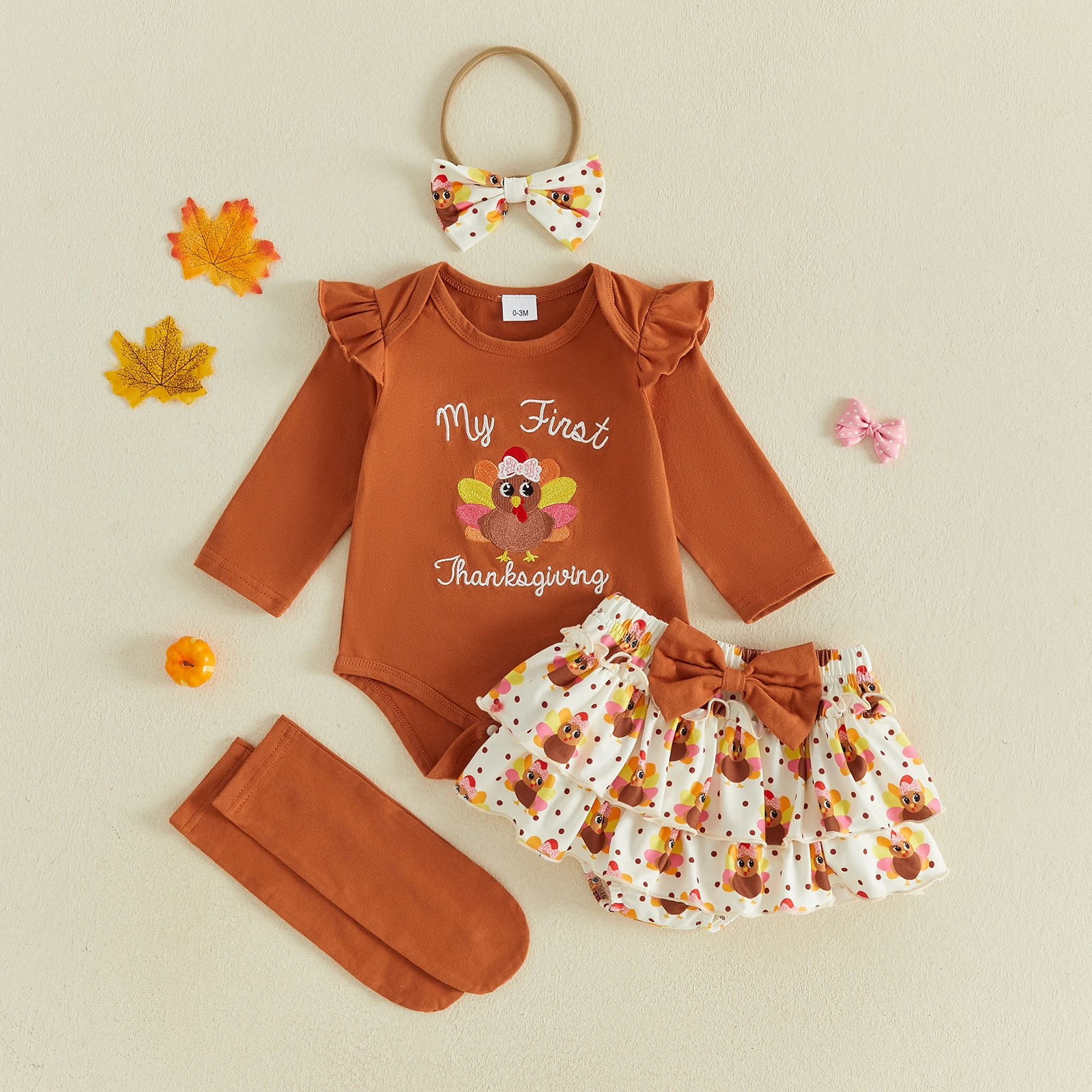 Infant Girl Thanksgiving Outfit Long Sleeve Romper Skort Socks and Headband Thanksgiving Costume