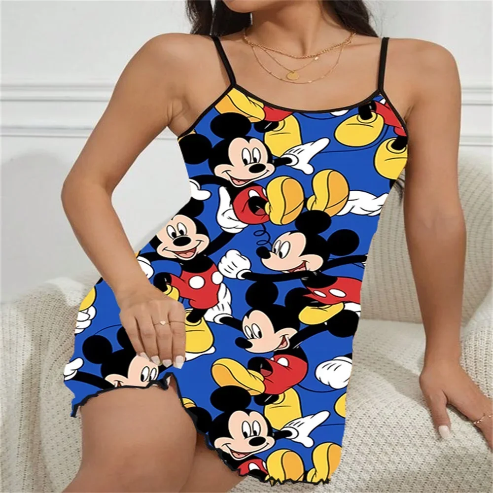 Mickey Pattern Print Pajama for Women Sexy Charming Women's Suspender Nightwear Ruffled Edge Design Trim Fitting Sleeping Skirt