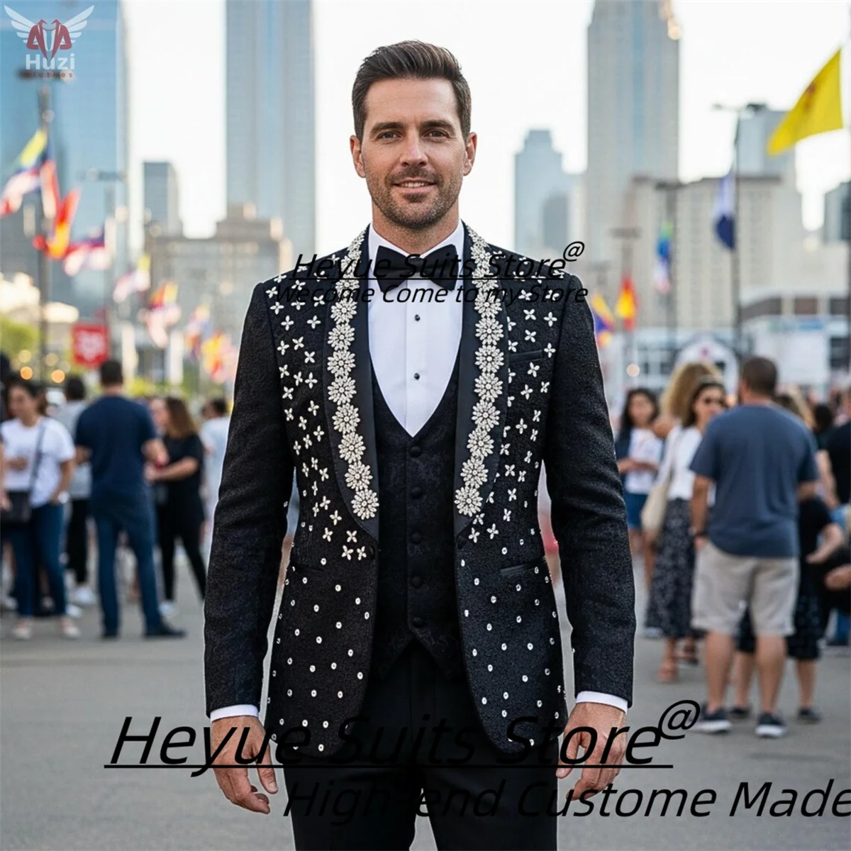 Luxuly Shiny Crystal Men Suits Customized Slim Fit Shawl Lapel Groom Wedding Tuxedos 3 Pieces Sets Male Prom Blazers Ropa Hombre