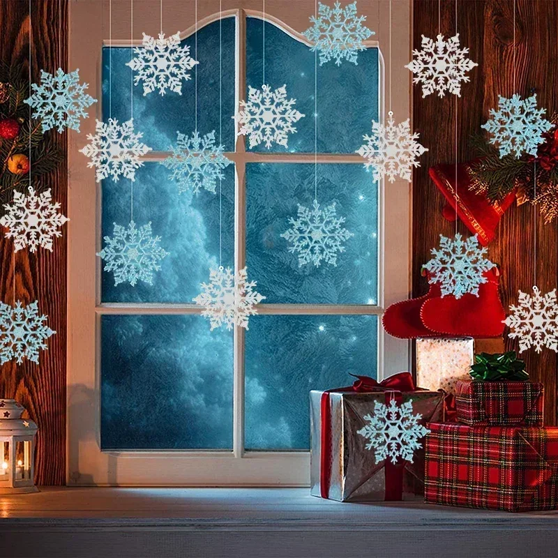 Pack Of 24/12/6 Pieces Snowflakes For Christmas Tree Decoration Blue Snowflakes With Bright Powder Winter New Year Hanging Decor