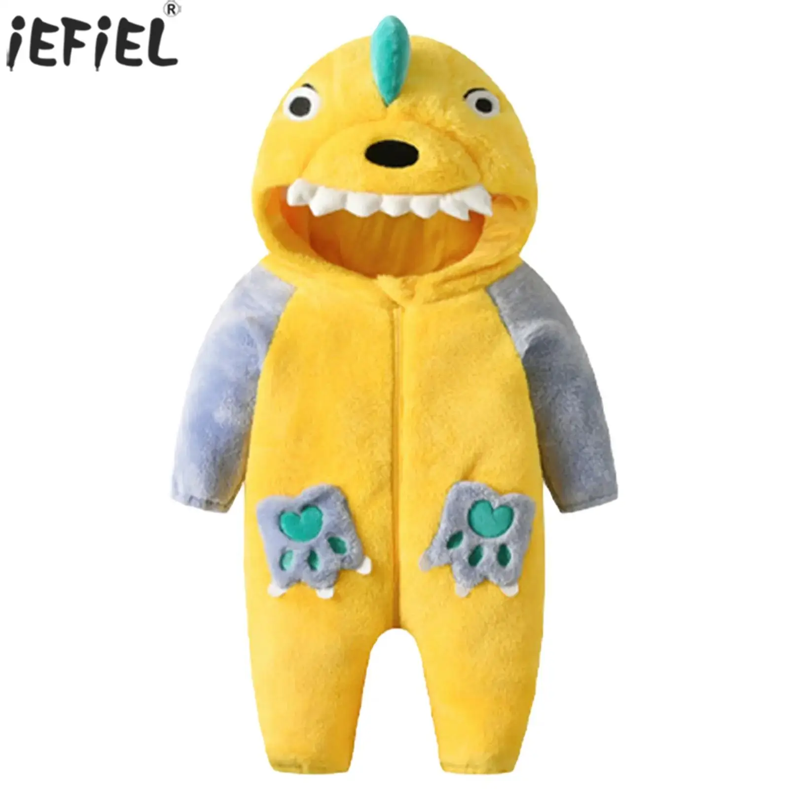 Infant Baby Cute Dinosaur Jumpsuit Long Sleeve Color Block Hooded Animal Rompers Zipper Thicken Bodysuit Fall Winter Clothes