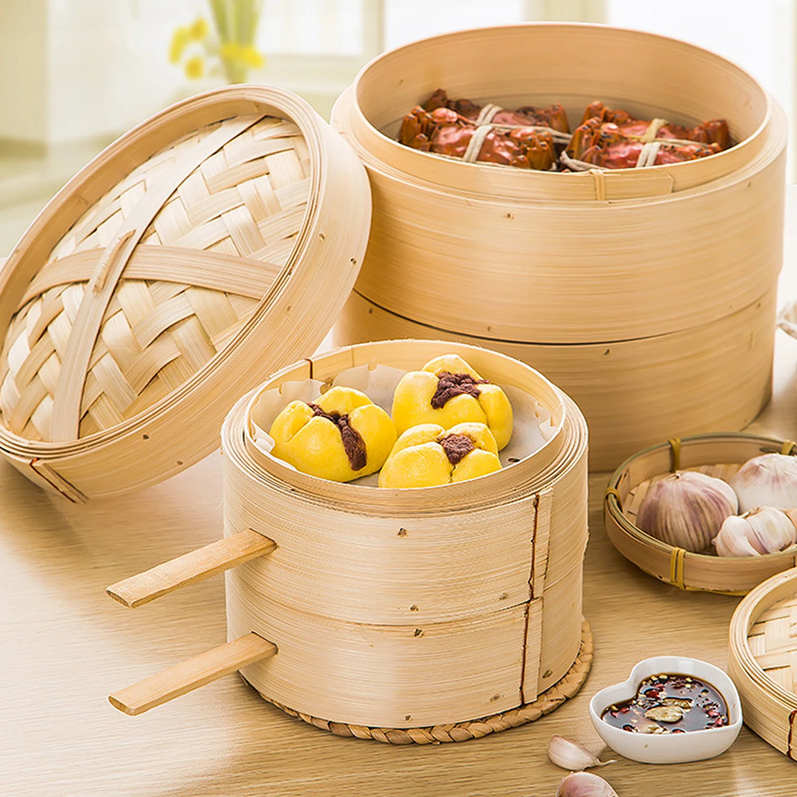 

Bamboo Basket Kitchen Cooking Tool Reusable Household Steamer For Vegetables Fish Meat Non-Stick Bamboo Weaving Design