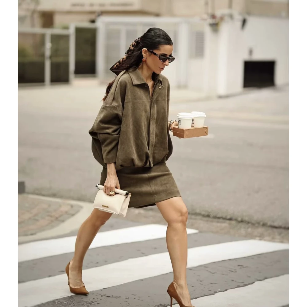 Women's Bomber Jacket Lapel Long Sleeve Zipper Suede Women High Street Cropped Racing Jackets Coats Outerwears loose suede textu