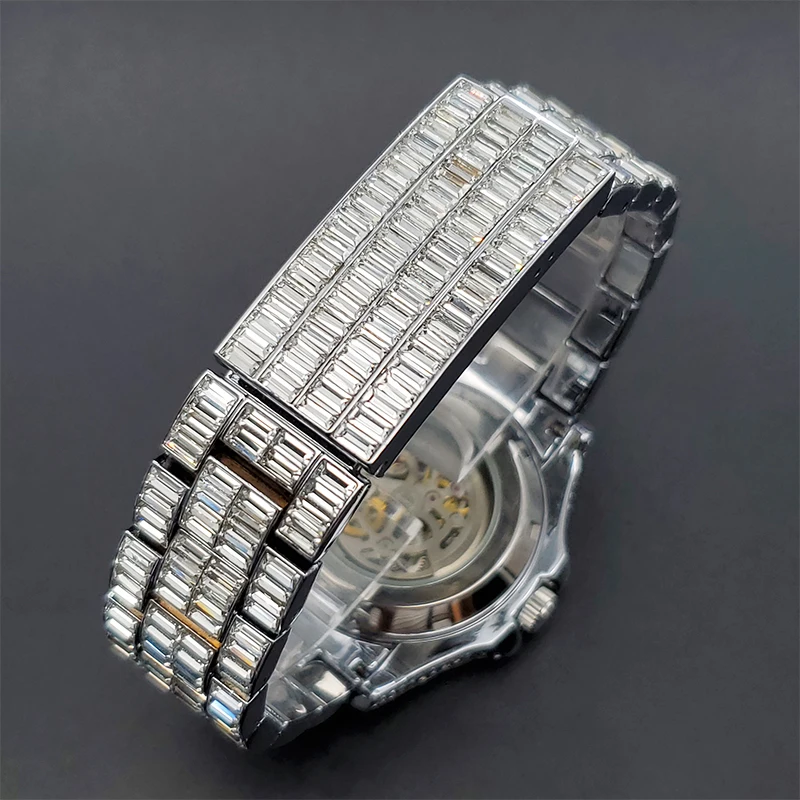 Automatic Watch For Men Diamond Luxury Hip Hop Street Style Luminous Men Mechaincal Watches With Baguette Zircon Bracelet Clock