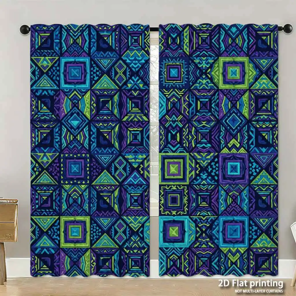 Navy Blue Geometric Bohemian Pattern Curtains Window Panels for Living Room Home Decor Abstract Flat Printed Curtain Set