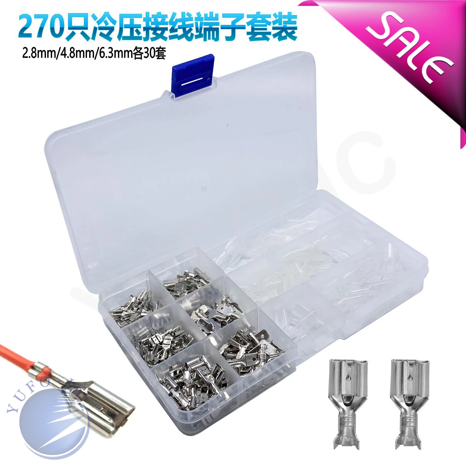 270PCS Female Male Spade Crimp Terminals Kit Box 2.8mm 4.8mm 6.3mm Sleeve Wire Connector Wrap For 0.5mm2-1.5mm2 22-16 AWG