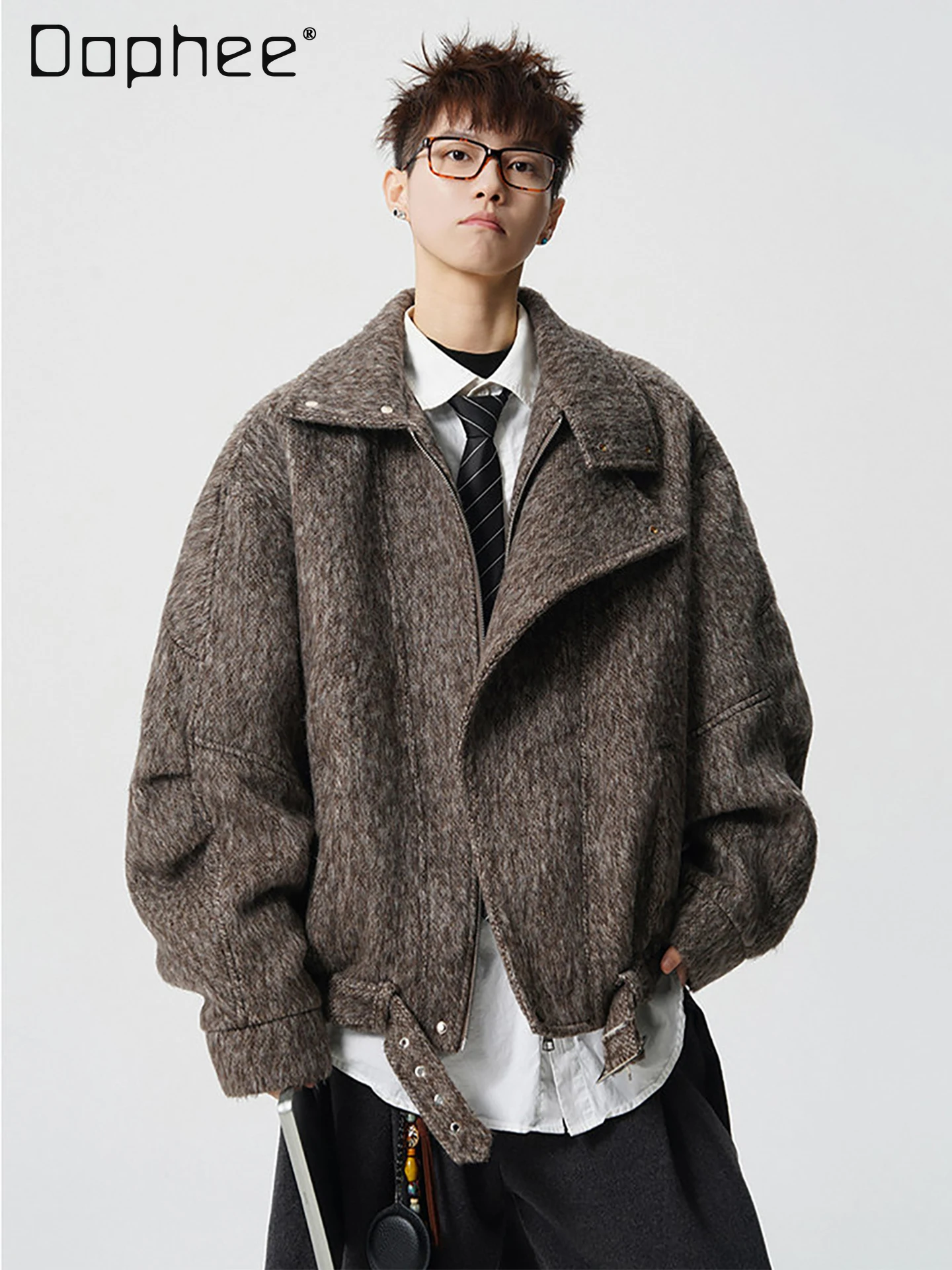 

Autumn Winter New American Style High-End Coffee Color Wool Coat Men's Loose Casual Thickened Turn-Down Collar Gray Jacket