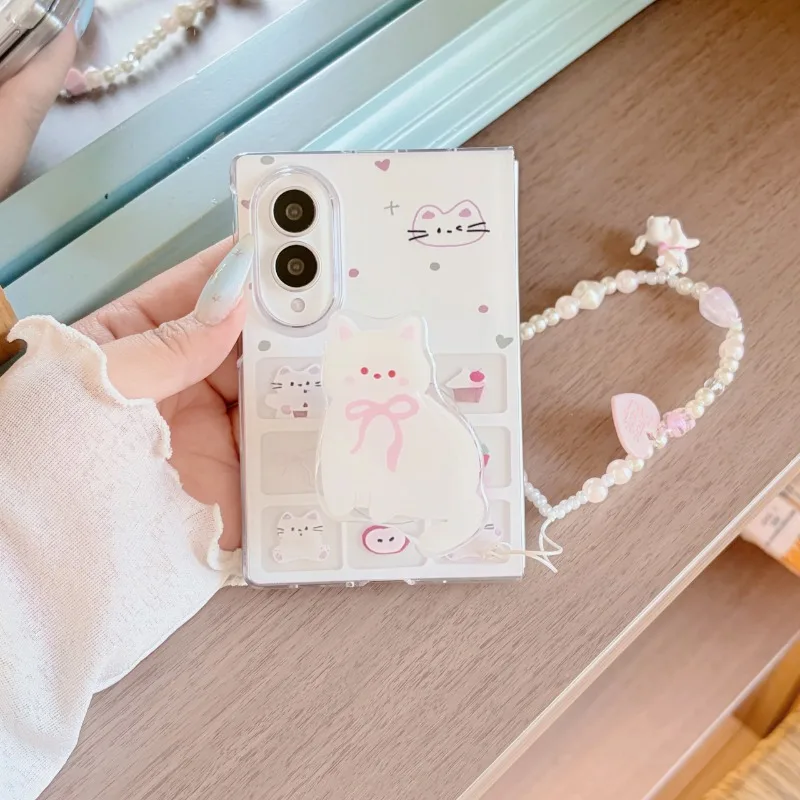 Korean White Cat for Samsung Galaxy Z Fold 8 Ultra 7 6 5 4 3 Phone Case Wrist Chain Stand Holder Anti Fall Protective Back Cover