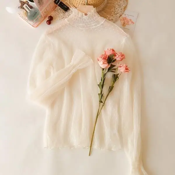 Bella Philosophy femmes col haut maille Perspective Blouse été mince voir à travers mince fond dentelle longues manches évasées hauts