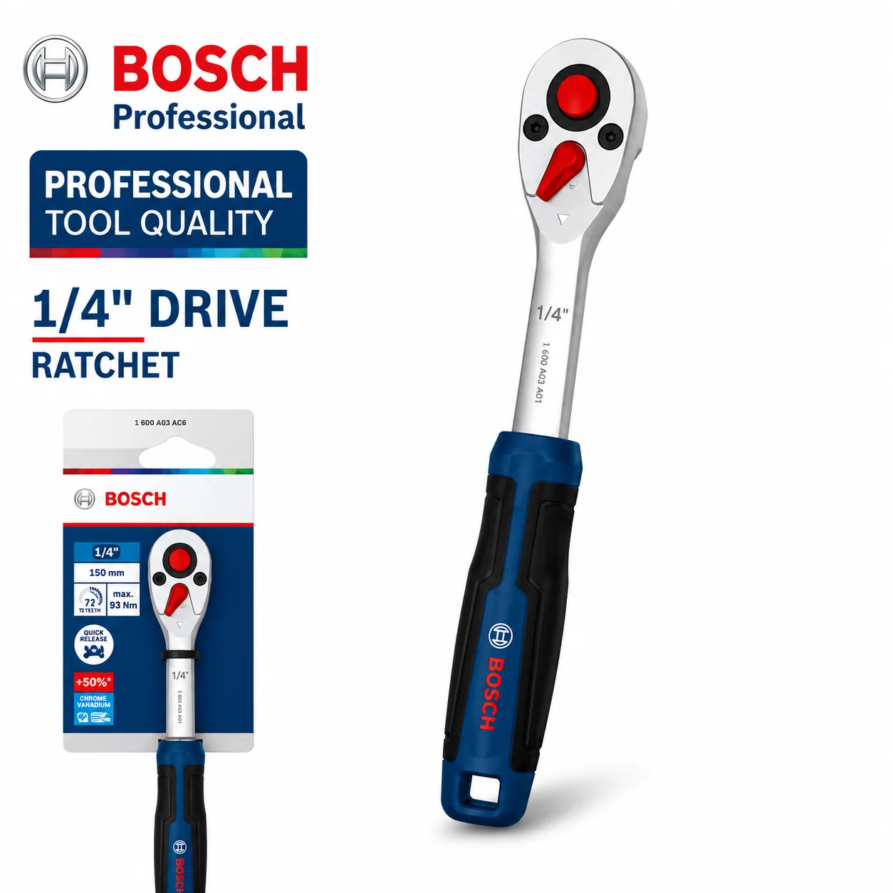 BOSCH 1/4 1/2 Inch 72 Tooth Ratchet Wrench Quick Release Socket Wrench Reversible Ratchet Handle Hand Tool for Auto Repair