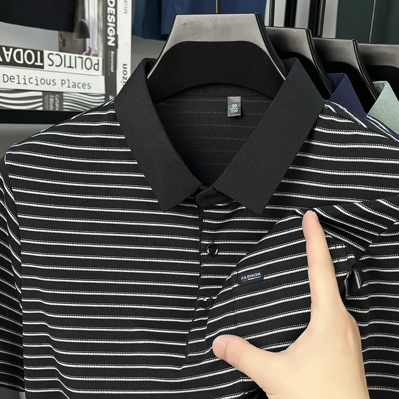 

Новая летняя мужская рубашка поло с короткими рукавами среднего возраста, модная повседневная тонкая футболка в полоску, верхняя мужская одежда с настоящим карманом